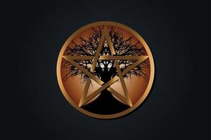 Tree Pentacle, tree of life and Wicca pentagram. Sacred geometry. Gold Logo, Book of Shadows pagan Wiccan goddess symbol, energy circle, Earth and Prosperity, vector isolated on black background