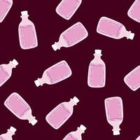 Seamless random pattern with hand drawn pink medicine bottle ornament. Black background. vector