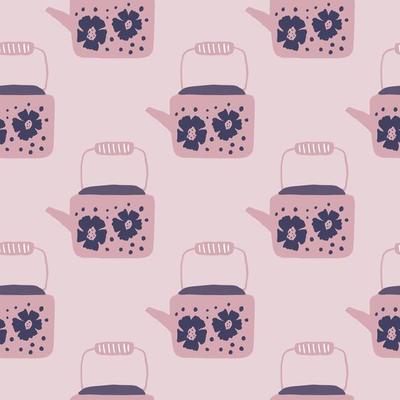 Soft seamless teapots ornament seamless pattern. Pink tone palette artwork. Teapot elements with flower print.