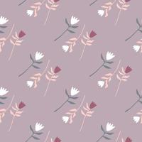 Tender seamless doodle pattern with hand drawn tulip elements. Floral ornament in pastel tones on light purple background. vector