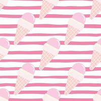 Seamless pattern ice cream in waffle cone. Food bright design in pink and white colors. Stripped background. vector