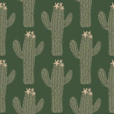 Cacti wallpaper on dark background. Cactus seamless pattern in doodle style.