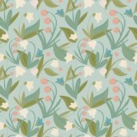 Bluebells seamless pattern on light blue background. Scandinavian texture with lily, bluebell and leaves.