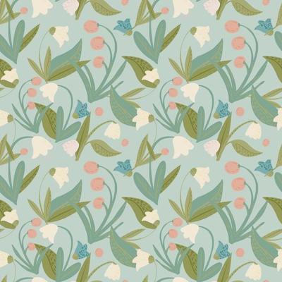 Bluebells seamless pattern on light blue background. Scandinavian texture with lily, bluebell and leaves.
