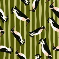 Random seamless pattern with hand drawn penguins abstract ornament. Olive green striped background. vector