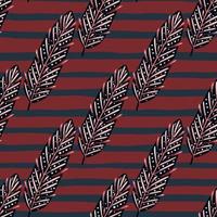Retro sketch seamless pattern with feather seamless doodle pattern. Maroon red striped background. Dark artwork. vector