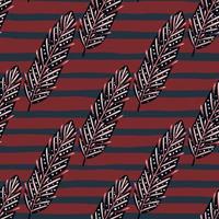 Retro sketch seamless pattern with feather seamless doodle pattern. Maroon red striped background. Dark artwork. vector