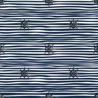 Decorative seamless pattern with ship helm elements. Striped navy blue background. Simple style. vector