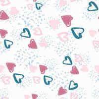 Random isolated love seamless pattern with heart figures. Pink and blue hand drawn ornament on white background with splashes. vector