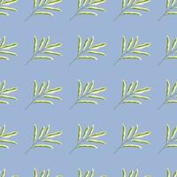 Decorative seamless nature pattern with green simple leaves branches silhouettes. Blue background. vector