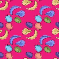 Colorful bright seamless pattern with doodle fruit ornament. banana, apple, plum, pear. Pink background. vector