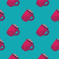 Contrast seamless doodle pattern with xmas cocoa cup shapes. Pink drink ornament on blue background. vector