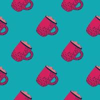 Contrast seamless doodle pattern with xmas cocoa cup shapes. Pink drink ornament on blue background. vector