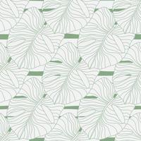 Light contoured monstera leaf ornament seamless pattern. Outline foliage palm leafs on striped background. vector