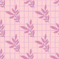 Branch leaves seamless doodle pattern. Floral silhouettes and background with check in pink color palette. vector