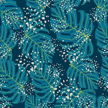 Tropical seamless doodle pattern with random blue monstera print. Background with splashes. vector