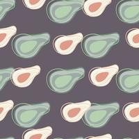 Tasty food seamless pattern with abstract avocado doodle silhouettes. Pastel purple background. vector