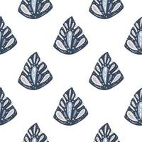 Isolated seamless pattern with navy blue hand drawn abstract monstera leaf shapes. White background. vector