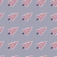 Pale pink xmas dotted fir tree cookies elements seamless pattern. Blue background. Stylized winter bakery backdrop. vector