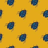 Seamless contrast pattern with navy blue bugs elements. Yellow background. Exotic insects ornament. vector