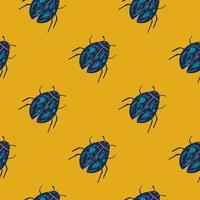 Seamless contrast pattern with navy blue bugs elements. Yellow background. Exotic insects ornament. vector