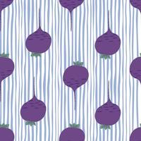 Hand drawn beet seamless pattern on stripes background. Doodle beetroot wallpaper. vector