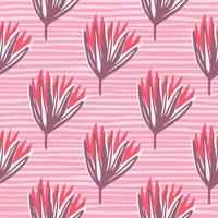 Bright summer tulip buds seamless doodle pattern. Purple and pink flowers on stripped background. vector