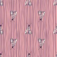 Moles figures with folk ornament seamles doodle pattern. Light purple insect stylish silhouettes on stripped pink background. vector