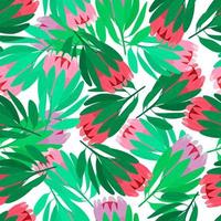 Nature seamless pattern with red and pink protea flowers elements. Isolated backdrop. Green leaves. vector