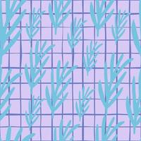 Random seamless doodle pattern with blue rosemary elements. Light lilac chequered background. vector