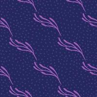 Diagonal purple colored branches seamless doodle pattern. Navy blue background with dots. Simple style. vector