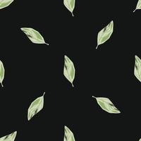 Cartoon botanic seamless pattern with light green leaf shapes. Black background. vector