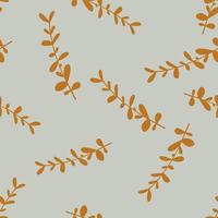 Orange colored eucalyptus branches elements seamless pattern. Hand drawn style. Grey background. vector