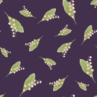 Random green and pink colored lily of the valley flower shapes. Purple background. Nature backdrop. vector