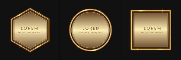 Set of abstract luxury golden geometric frame design, square, circle and hexagon with lighting effect. Modern luxury with copy space for text. vector