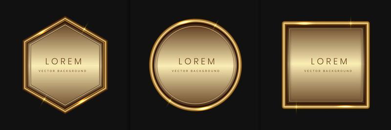 Set of abstract luxury golden geometric frame design, square, circle and hexagon with lighting effect. Modern luxury with copy space for text.