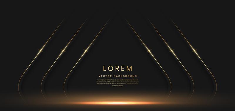 Abstract 3D luxury template shiny black background with lines golden glowing.