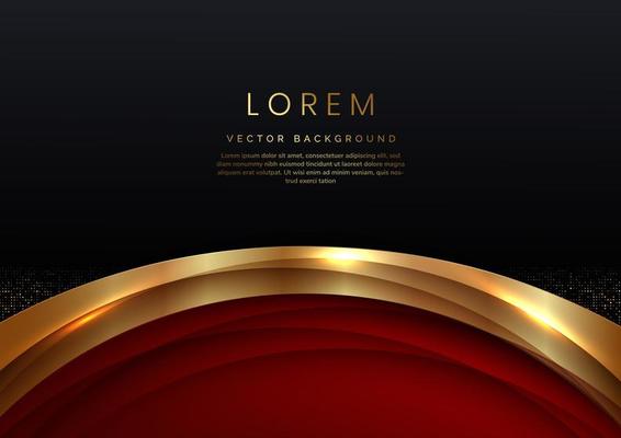 3D modern luxury template design red curved shape and golden curved line on black background.