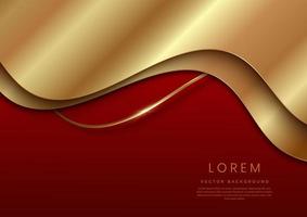 Abstract template elegant 3D golden wave curved overlapping with lighting effect on dark red background with copy space for text. vector