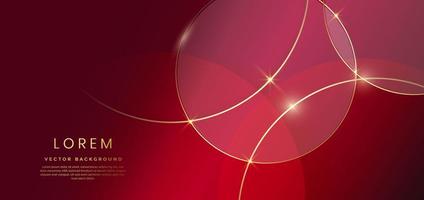 Abstract gold circles lines overlapping on dark red color background. vector