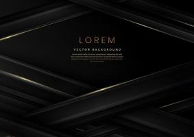 Abstract 3D grey and black luxury geometric diagonal overlapping shiny black background with lines golden glowing with copy space for text. vector