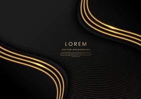 Abstract 3d template black background with gold lines curved wavy with copy space for text. Luxury style. vector