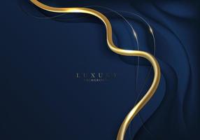 Abstract elegant 3D golden wave curved line elements with lighting effect on dark blue background vector