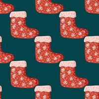 Red gift sock wth snowflakes ornament seamless pattern. Cute elements on dark turquoise background. vector