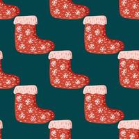 Red gift sock wth snowflakes ornament seamless pattern. Cute elements on dark turquoise background. vector