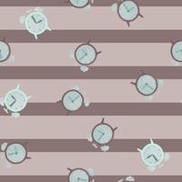 Vintage style seamless doodle pattern with random blue alarm clock elements. Pale brown striped background. vector