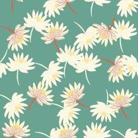 Random white colored chrysanthemum flower ornament seamless doodle pattern. Turquoise background. vector