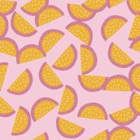 Natural yellow random citruc slices elements seamless pattern. Lilac background. Summer fresh print. vector