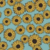 Seamless pattern sunflowers on blue background. Beautiful texture with yellow sunflower and leaves. vector