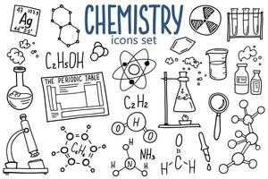 Chemistry symbols icon set. Science subject doodle design. Education and study concept. Back to school sketchy background for notebook, not pad, sketchbook. vector